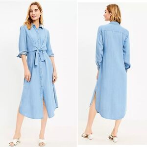 Loft Blue Chambray Knot Front Lyocell Linen Midi Shirtdress size 10